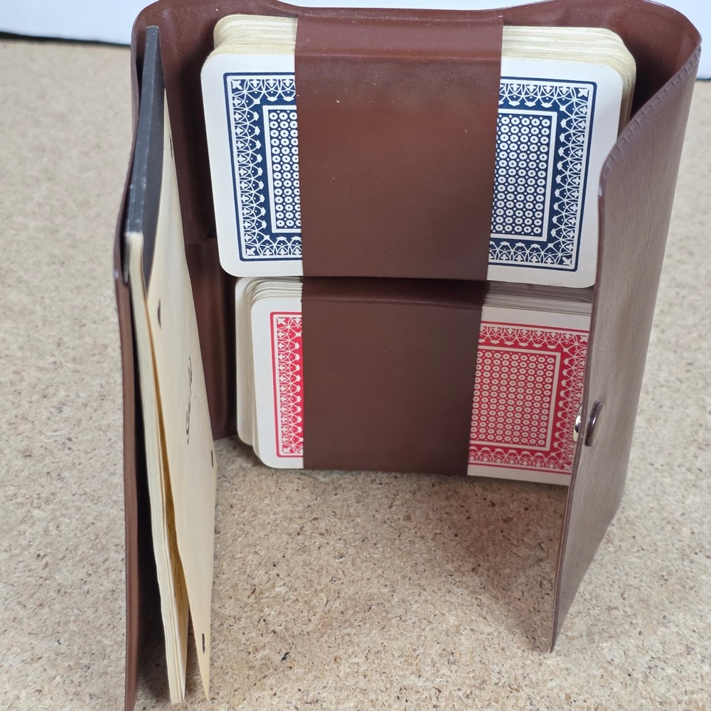 Vintage Leather Card Holder Set Two Decks Jokers Score Pad Made in Hong Kong